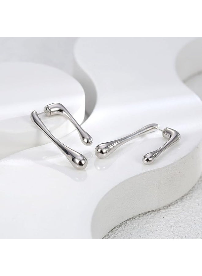 SHOWDAY Gold-Plated Stainless Steel Dangle Earrings for Women | Modern Fluid Water Drop Design | Lightweight & Hypoallergenic Stud Earrings for Everyday & Evening Wear (Silver) - Image 2